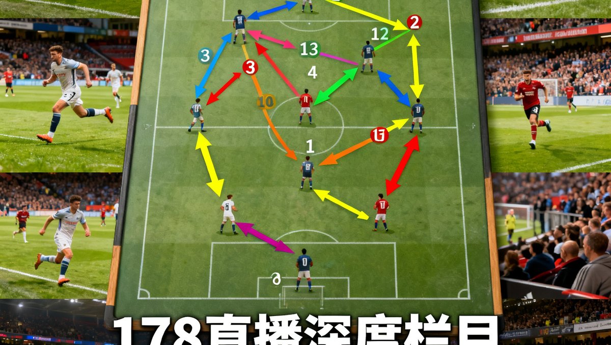 战术分析图板展示足球阵型变化，背景是比赛现场照片，178直播深度栏目配图