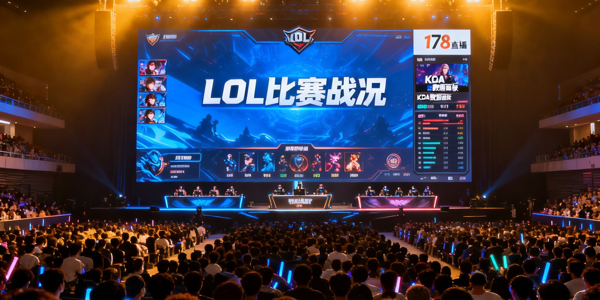 大型电竞馆座无虚席，巨型屏幕上显示LOL比赛战况，178直播平台同步播出并展示实时KDA数据面板